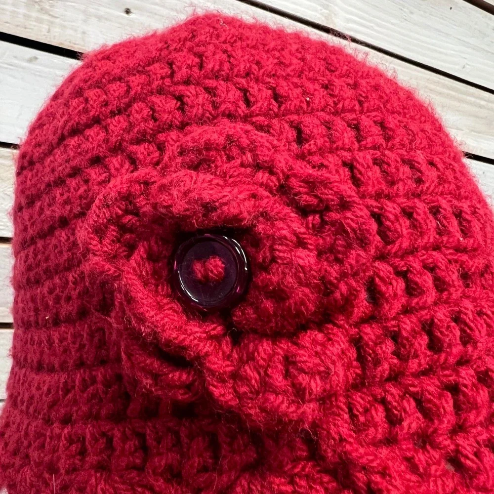 Vintage Red Crochet Cloche Hat Wool Blend Button Rosette Flapper 1920s Style OS